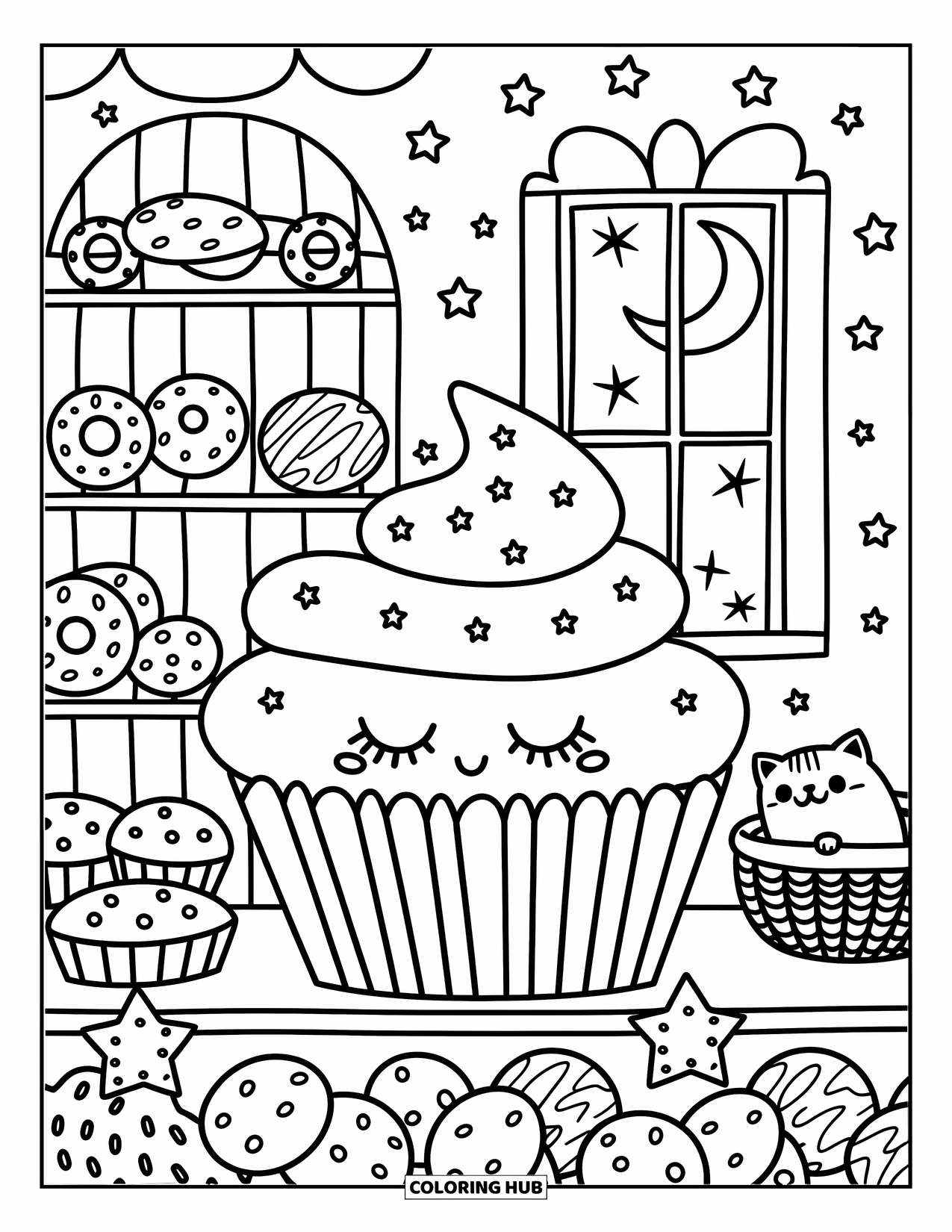 Cupcake Ausmalbild für Erwachsene: Ein schläfriger Cupcake ruht auf einem Regal mit Sternenkissen, Keksen und einer winzigen Katze