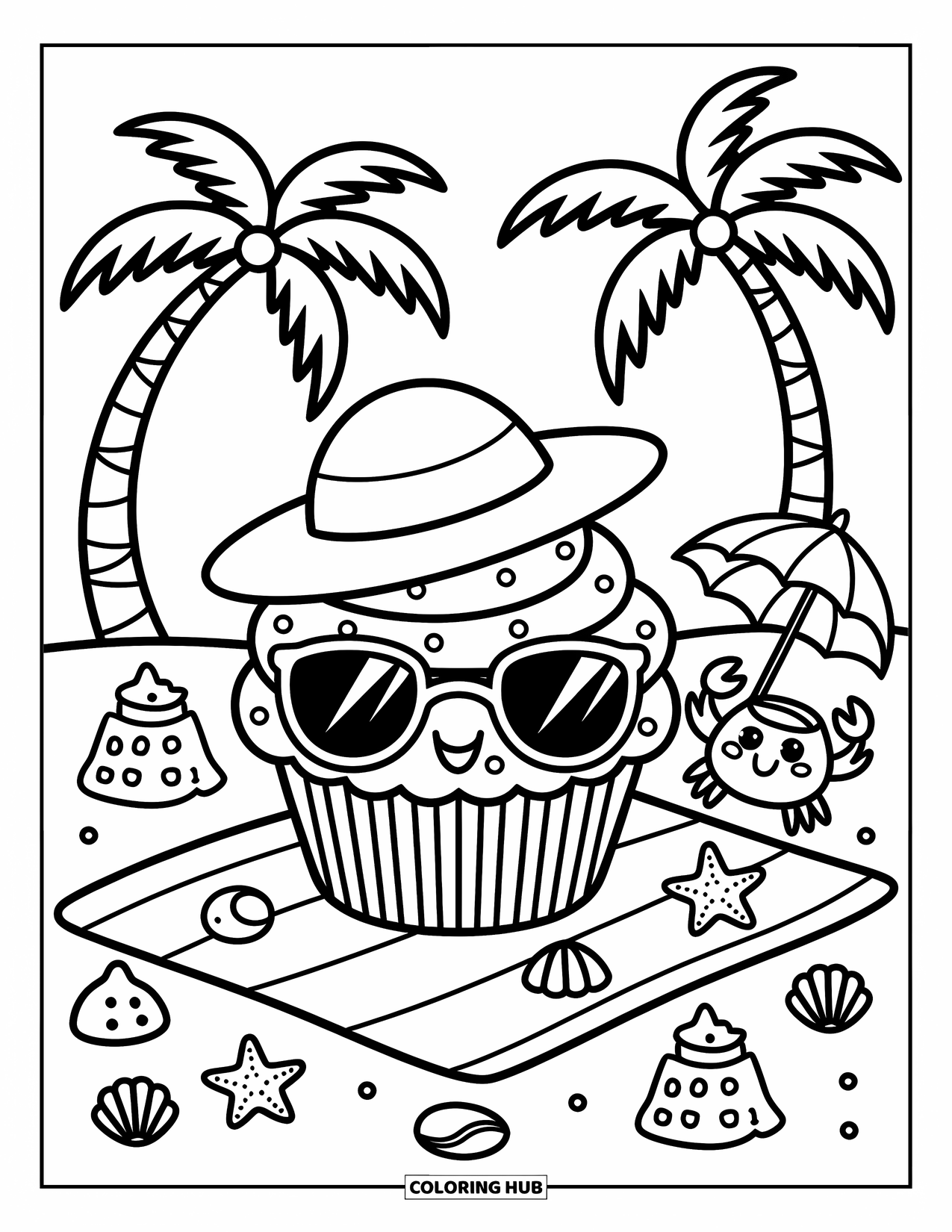 Cupcake Ausmalbild für Erwachsene: Ein sonnenliebender Cupcake liegt auf einem Handtuch mit Muscheln, einem Getränk und einer Krabbe