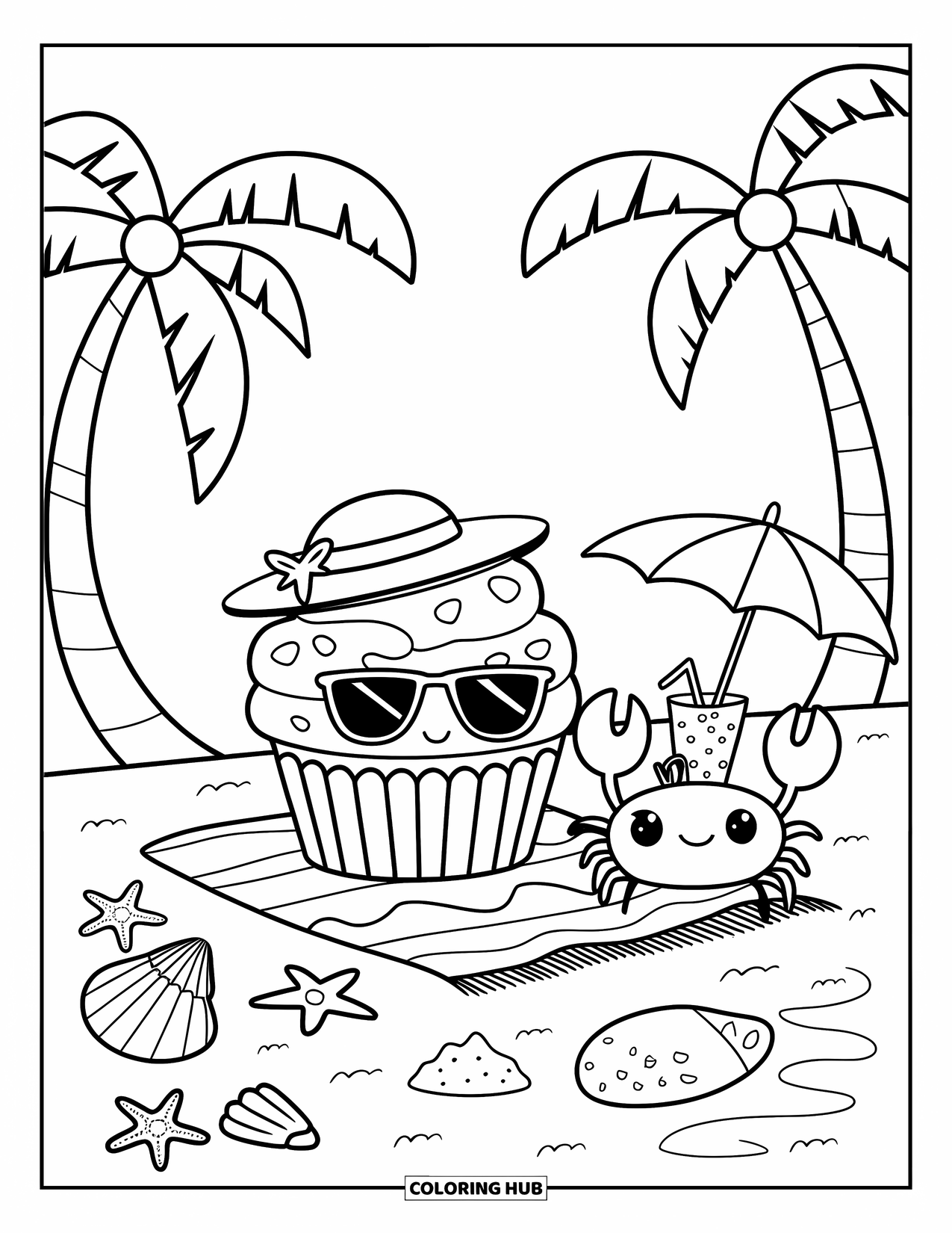 Cupcake Ausmalbild für Erwachsene: Ein sonnenliebender Cupcake entspannt sich auf einem Handtuch mit Muscheln, Sandburgen und einer lächelnden Krabbe