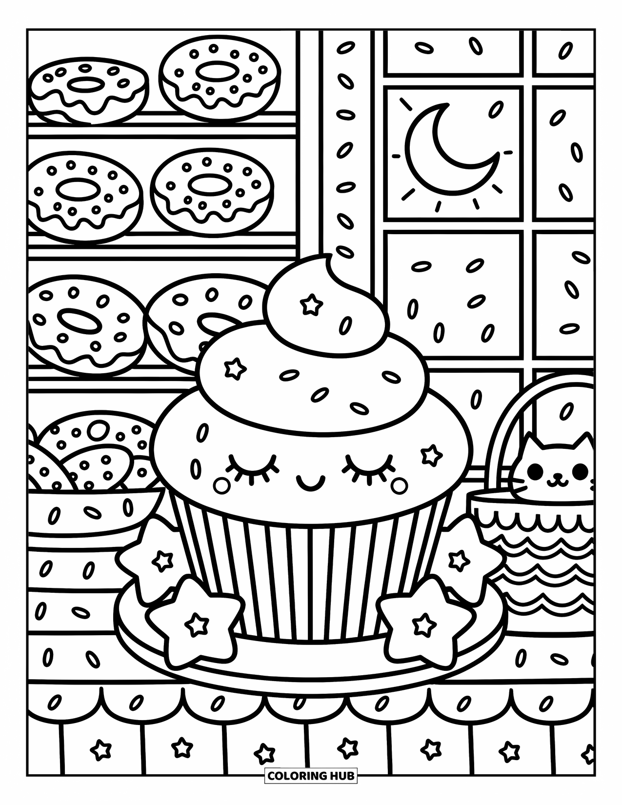 Cupcake Ausmalbild für Erwachsene: Ein müder Cupcake ruht zwischen Sternenkissen, Keksen und einer neugierigen Katze auf einem Regal