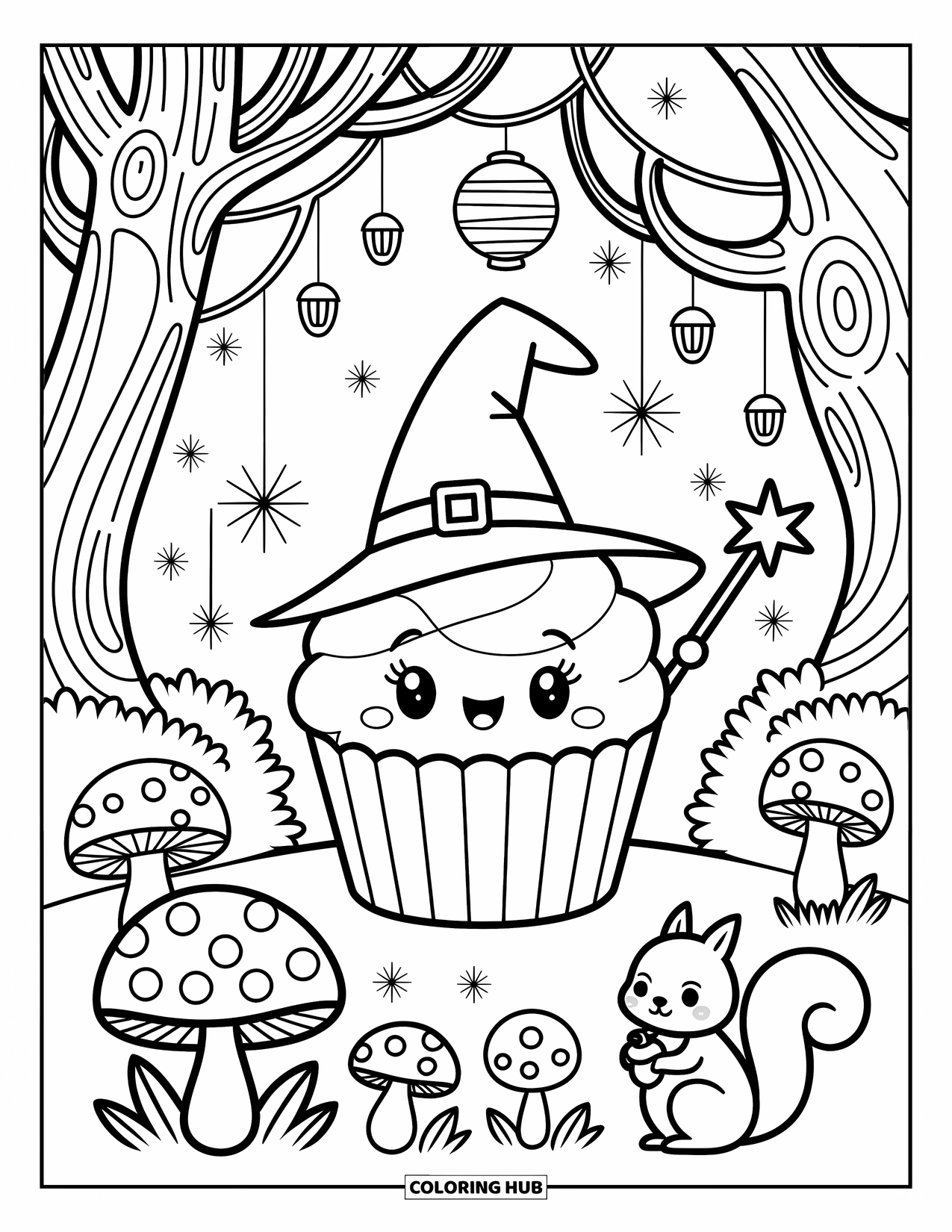 Cupcake Ausmalbild für Erwachsene: Ein Zauberer-Cupcake verzaubert Pilze mit einem Eichhörnchen in einem magischen Wald