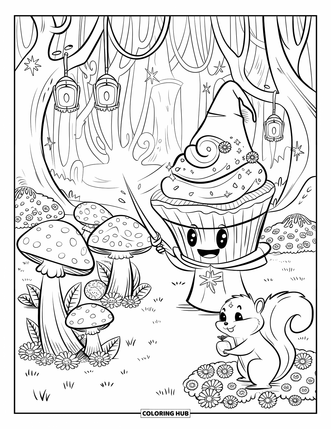 Cupcake Ausmalbild für Erwachsene: Ein Zauberer-Cupcake in einem Wald verzaubert Pilze, während ein Eichhörnchen zusieht
