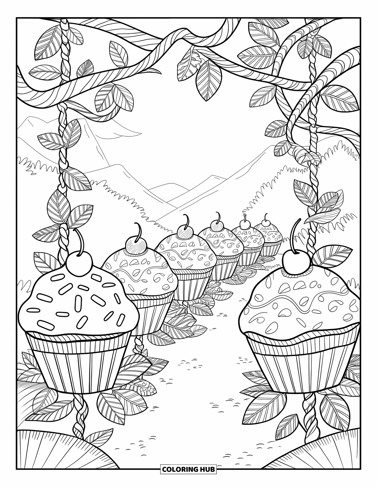 Cupcake Ausmalbild für Erwachsene: Cupcake-förmige Blumen säumen einen Gartenweg mit Ranken und Wirbeln