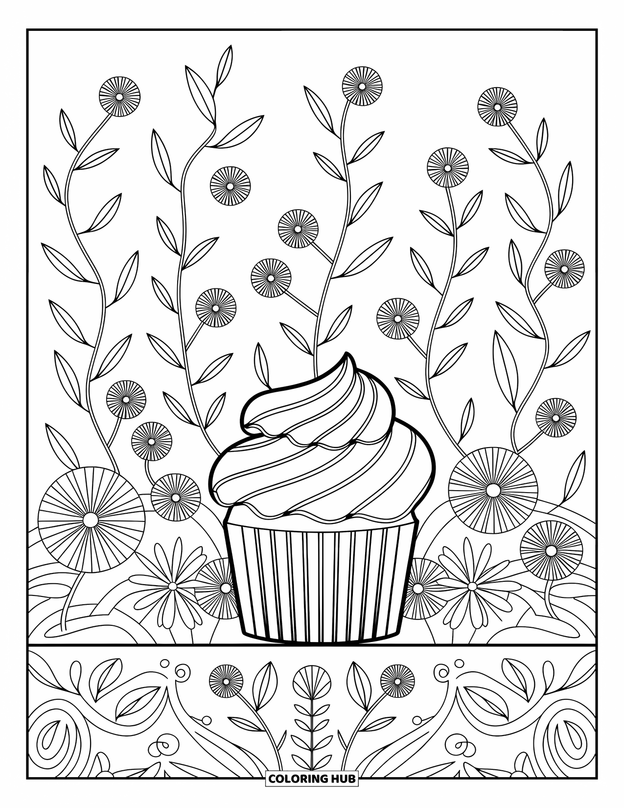 Cupcakes Ausmalbild für Erwachsene: Cupcakes blühen wie Blumen in einer Gartenszene mit filigranen Ranken und Mustern