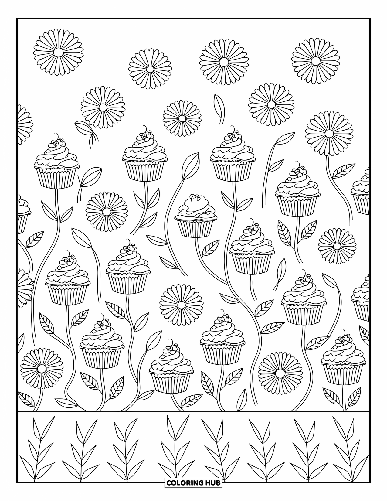 Cupcakes Ausmalbild für Erwachsene: Cupcakes sprießen zwischen Blumen und Ranken mit zarten, wirbelnden Mustern