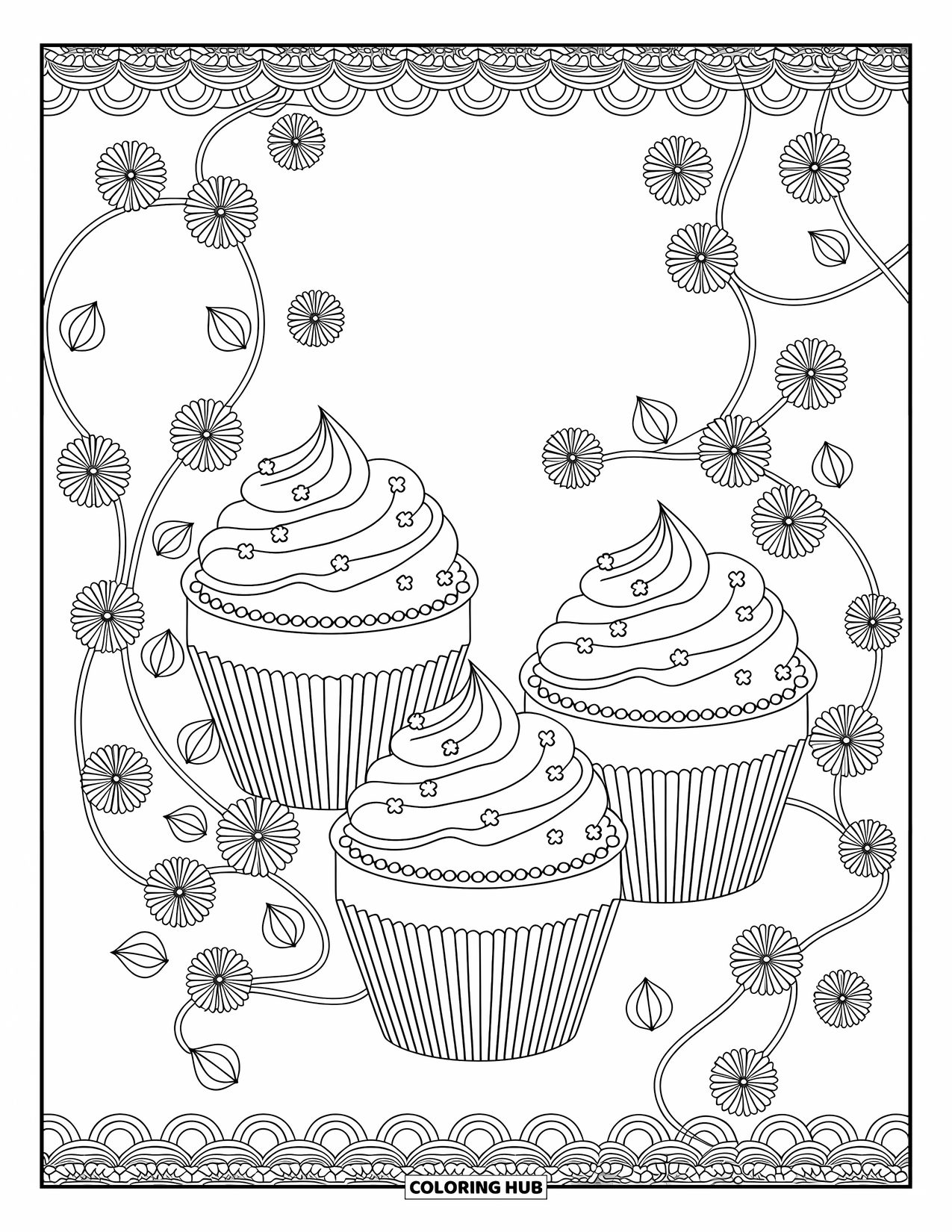 Cupcake Ausmalbild für Erwachsene: Cupcakes mit detailliertem Zuckerguss sitzen zwischen Blumen und Ranken in einem eleganten Garten