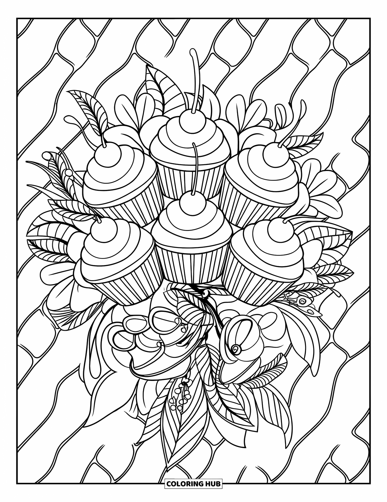 Cupcake Ausmalbild für Erwachsene: Cupcakes mit Wirbeln und Kirschen sind in Blumen und Ranken gehüllt