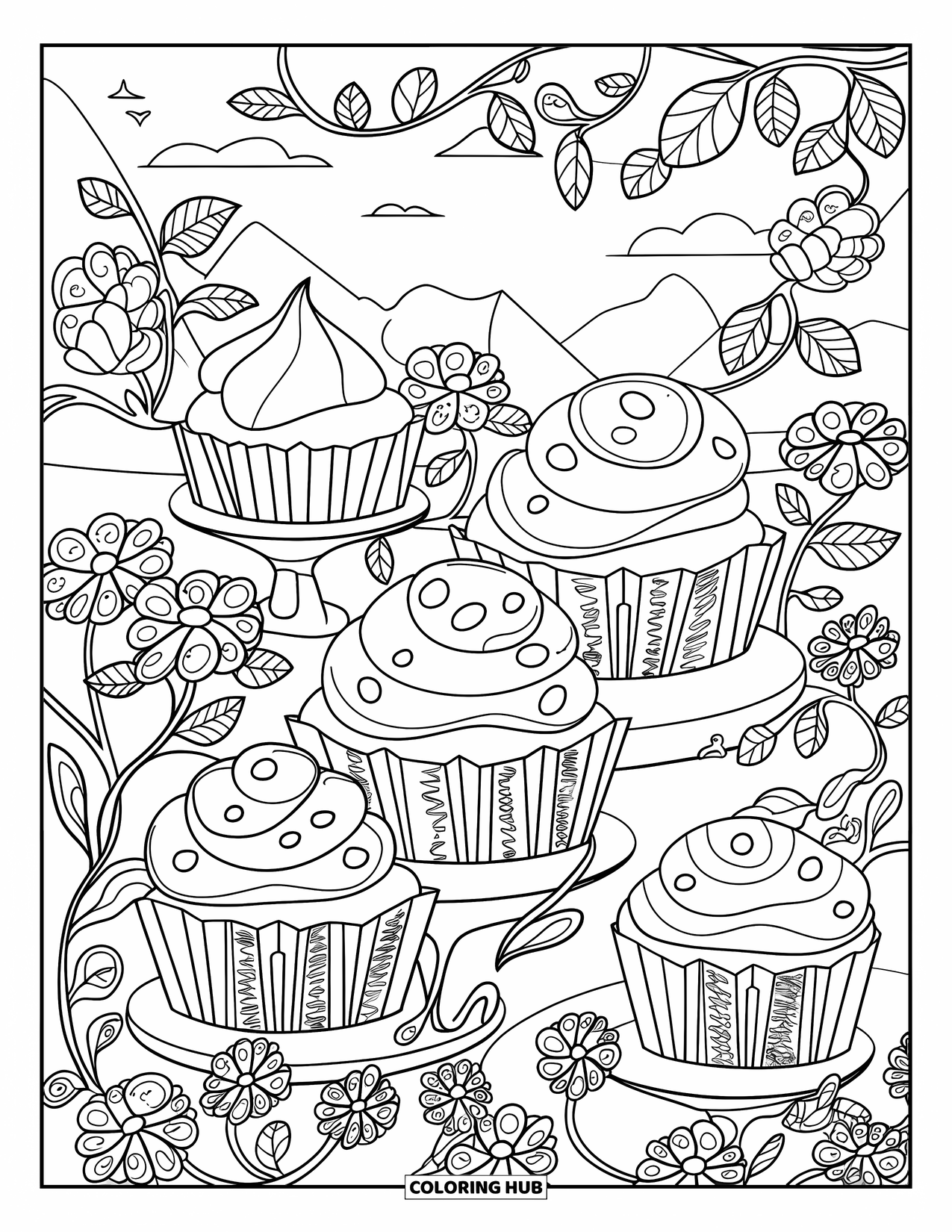 Cupcake Ausmalbild für Erwachsene: Cupcakes mit Wirbeln und Schokoladenstückchen sitzen zwischen Blumen und Ranken