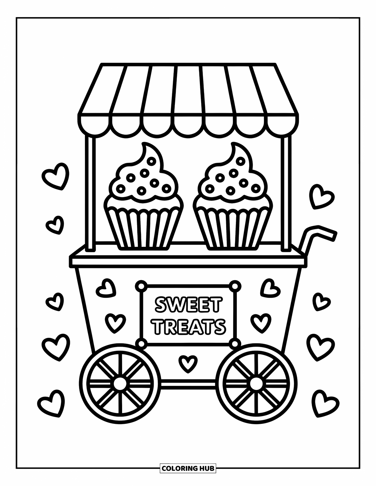 Cupcake Ausmalbild für Kinder: Ein Bäckereiwagen mit zwei Cupcakes und verspielten Dekorationen