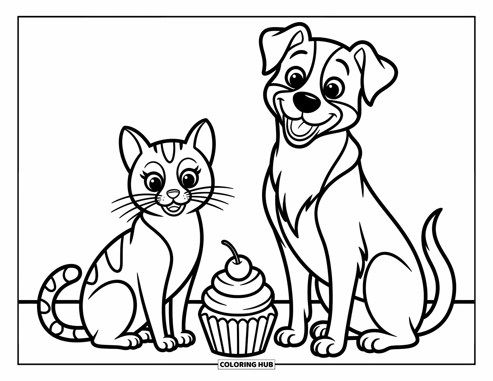 Cupcake Ausmalbild für Kinder: Eine Katze und ein Hund sitzen zusammen mit einem Cupcake zwischen ihnen