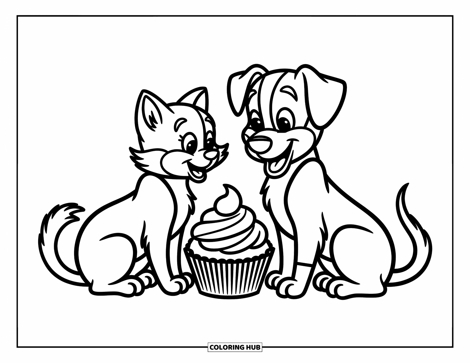 Cupcake Ausmalbild für Kinder: Eine Katze und ein Hund sitzen zusammen mit einem Cupcake