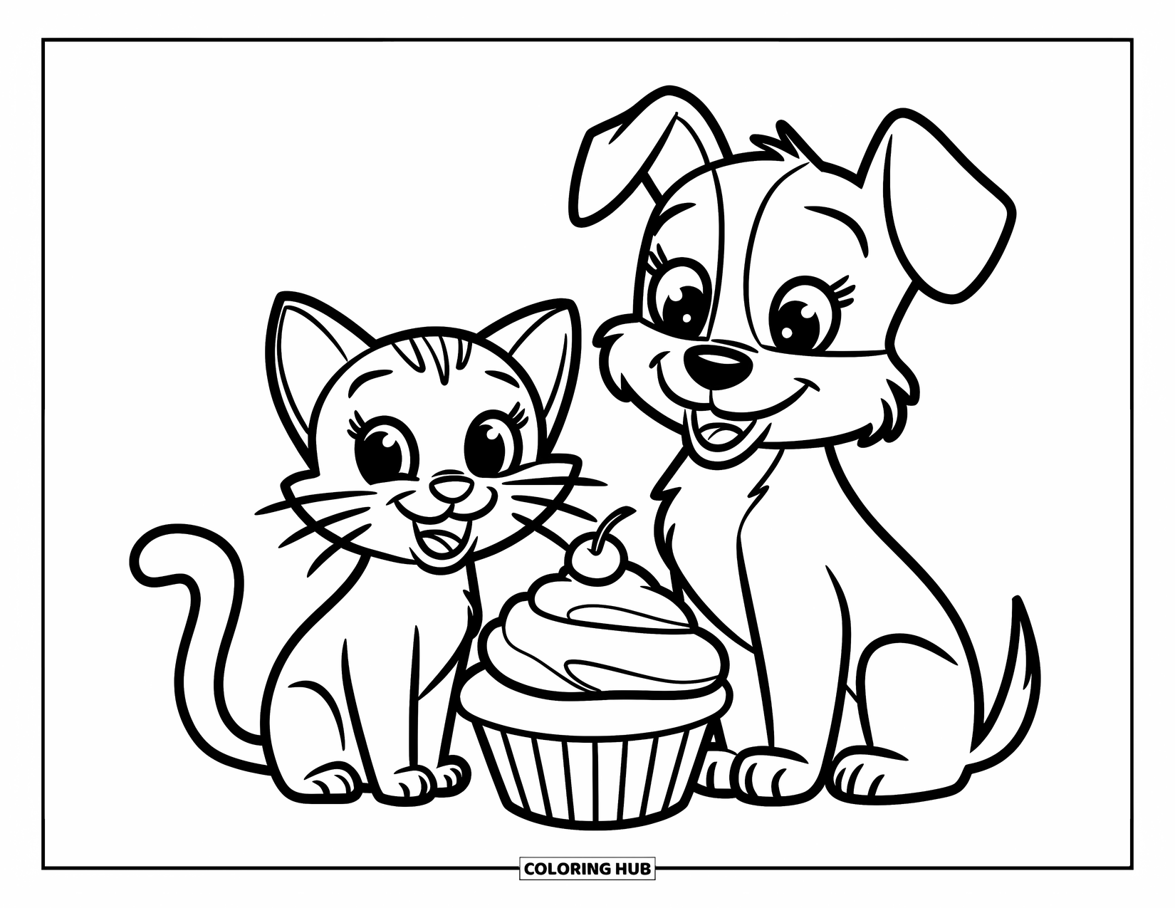 Cupcake Ausmalbild für Kinder: Eine Katze und ein Hund sitzen zusammen mit einem Cupcake in der Mitte