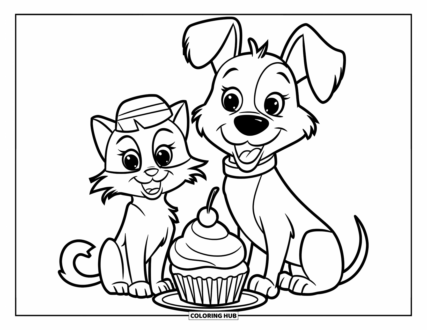 Cupcake Ausmalbild für Kinder: Eine Katze mit einem Hut und ein Hund mit einem Halsband sitzen neben einem Cupcake