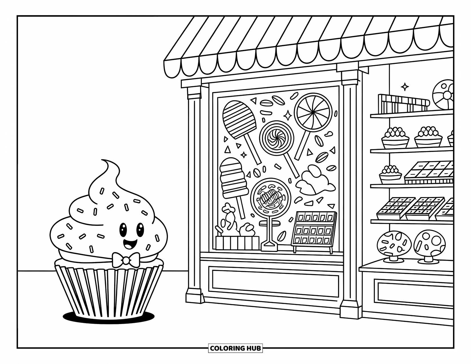 Cupcake Ausmalbild für Kinder: Ein fröhlicher Cupcake mit Streuseln steht vor einem Süßwarenladen