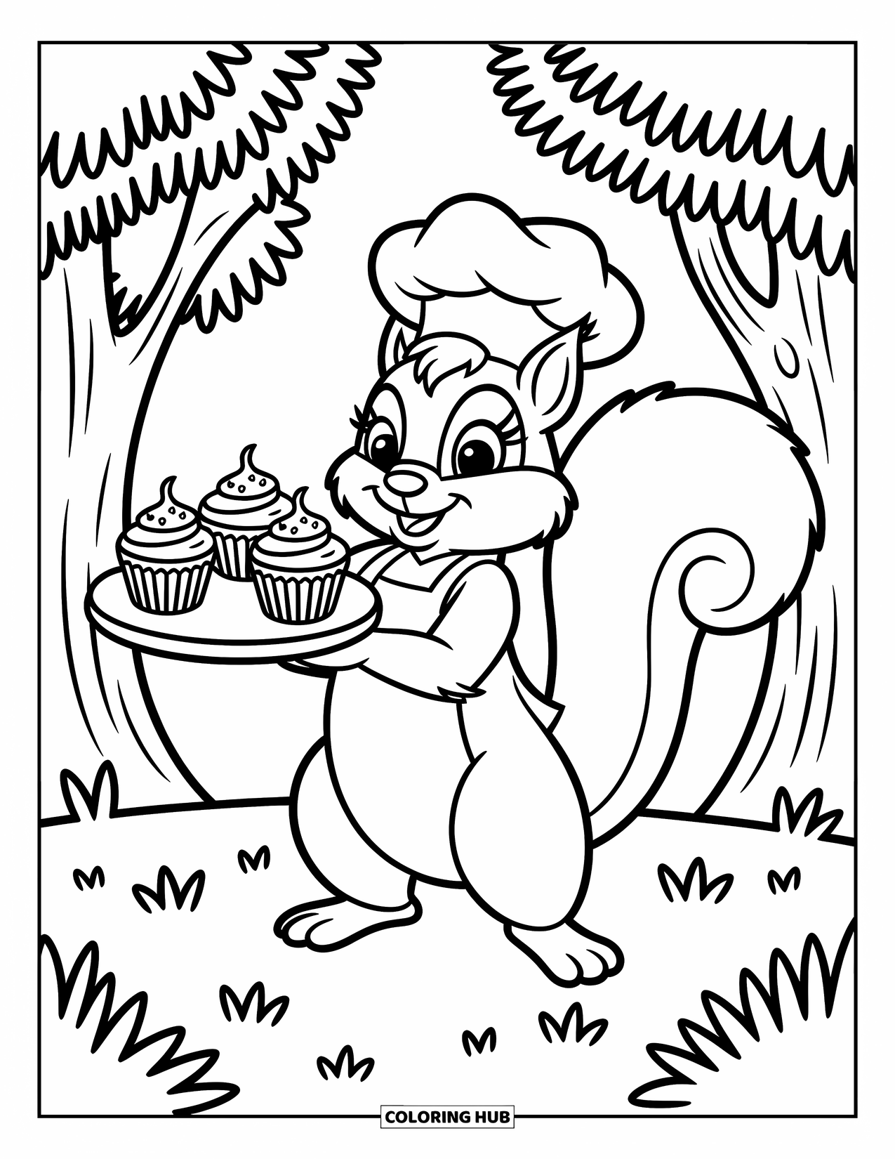 Cupcake Ausmalbild für Kinder: Ein Koch-Eichhörnchen in einem Wald hält ein Tablett mit Cupcakes