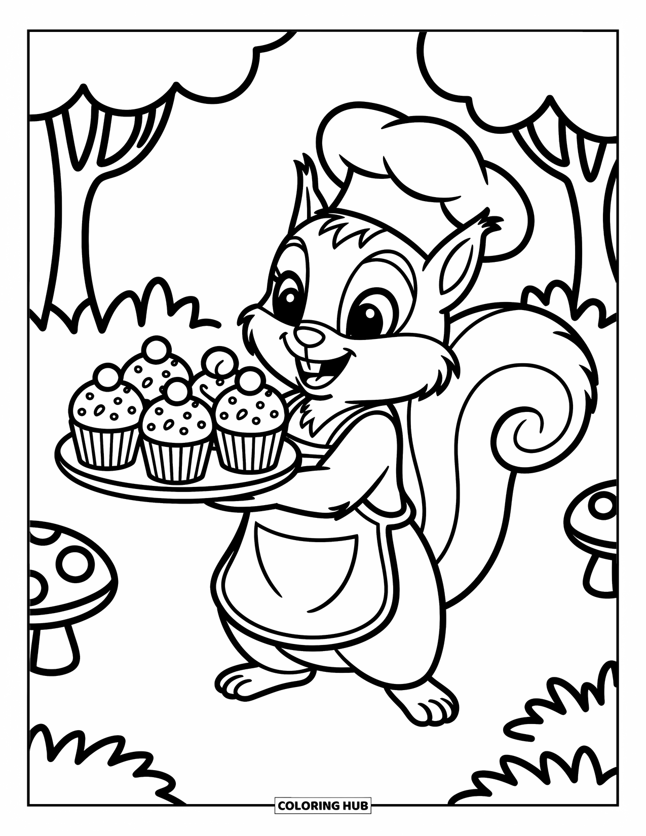 Cupcake Ausmalbild für Kinder: Ein Koch-Eichhörnchen mit einem Tablett mit Cupcakes in einem gemütlichen Wald