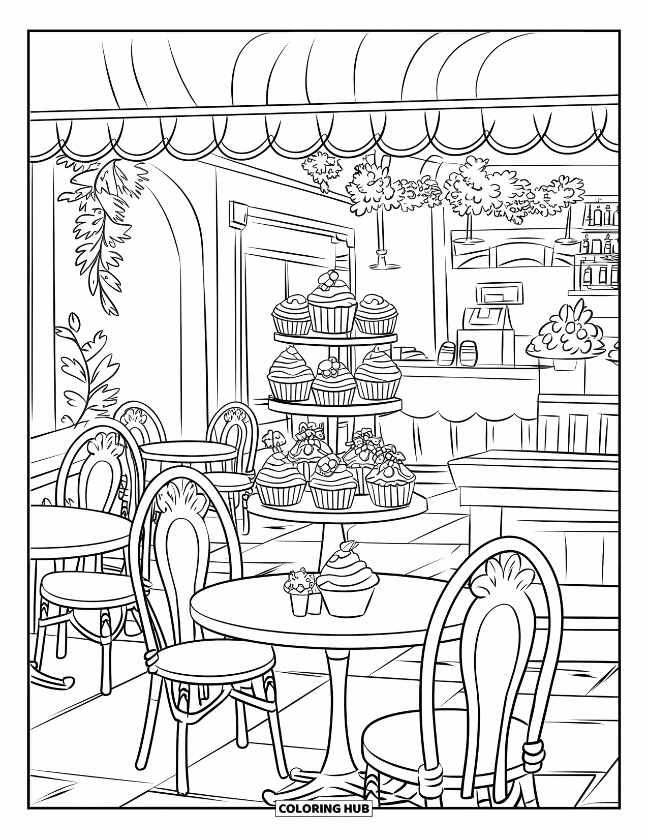 Cupcake Ausmalbild für Kinder: Eine gemütliche Cupcake-Café-Szene mit Tischen, Stühlen und dekorierten Gebäckstücken