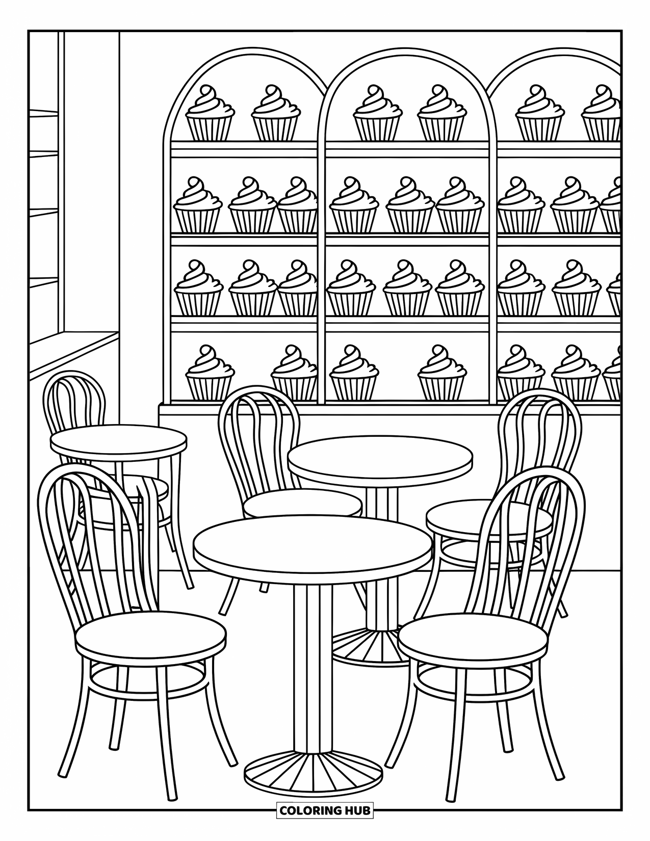 Cupcake Ausmalbild für Kinder: Ein gemütliches Cupcake-Café mit Tischen und detaillierten Gebäckstücken