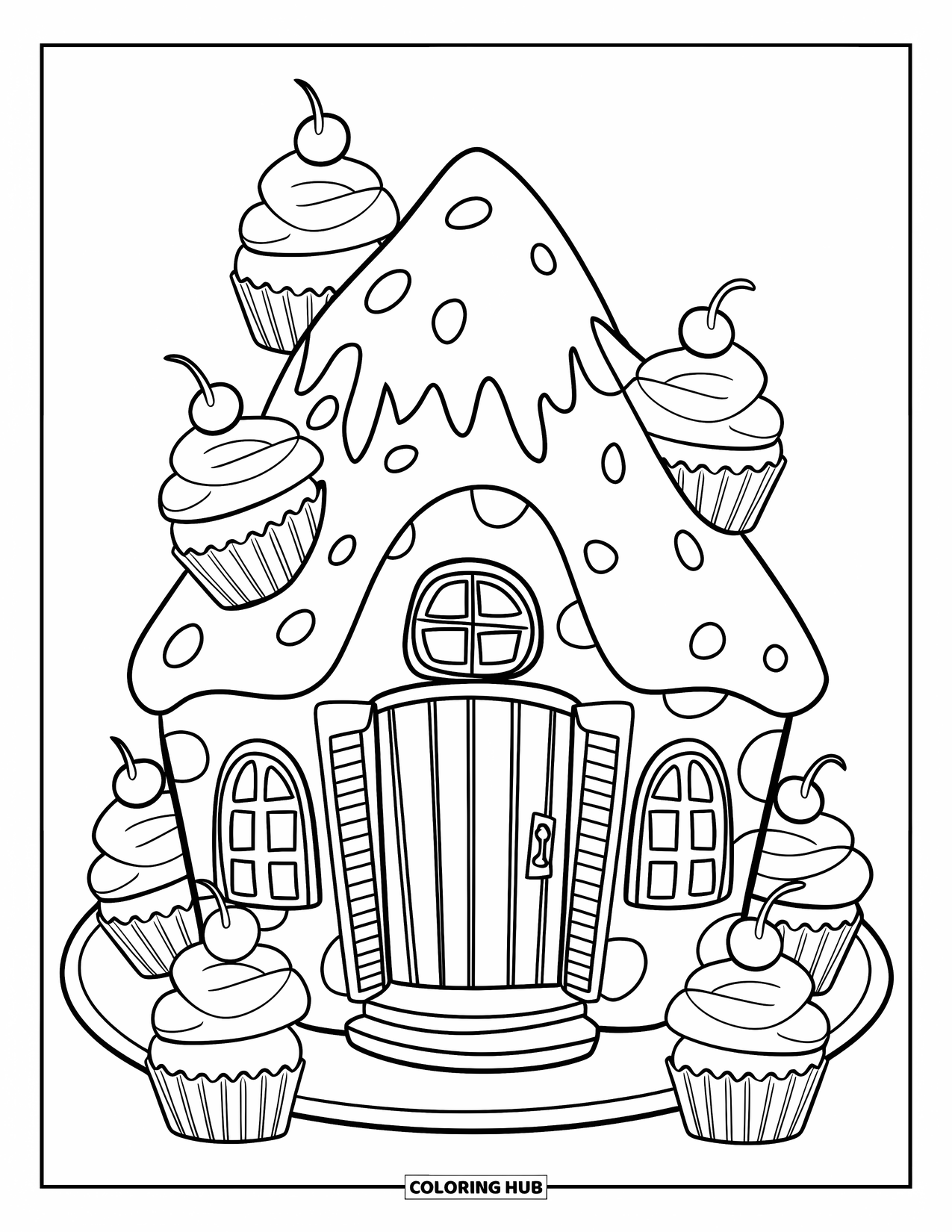 Cupcake Ausmalbild für Kinder: Ein gemütliches Cupcake-Haus mit einer Tür und Fenstern auf einem Teller