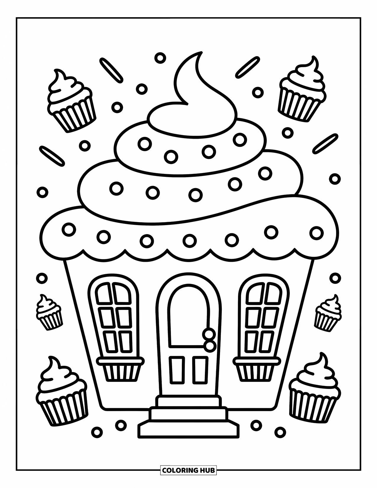 Cupcake Ausmalbild für Kinder: Ein gemütliches Cupcake-Haus mit einer Tür und Fenstern