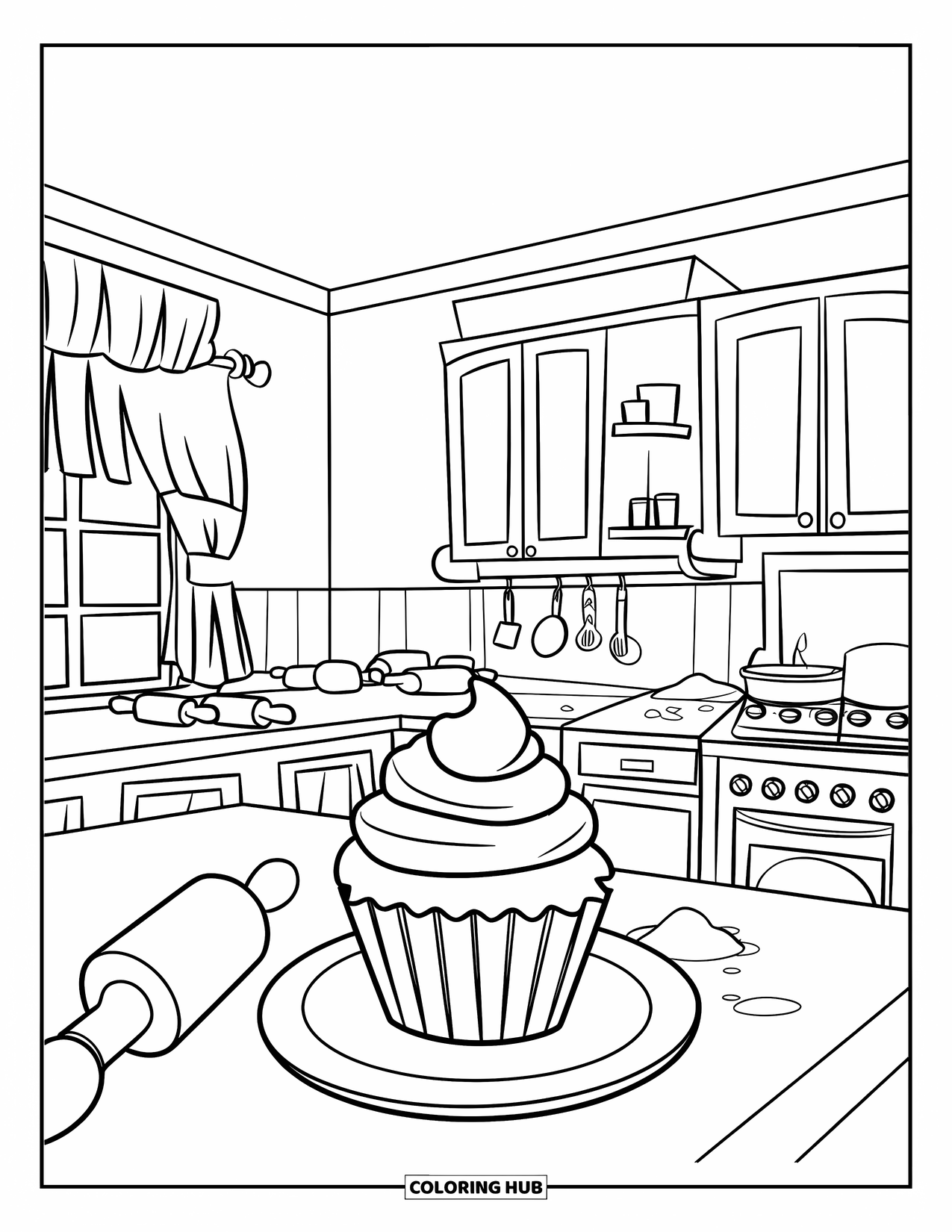 Cupcake Ausmalbild für Kinder: Eine gemütliche Küche mit einem Cupcake, Mehl und Holzschränken