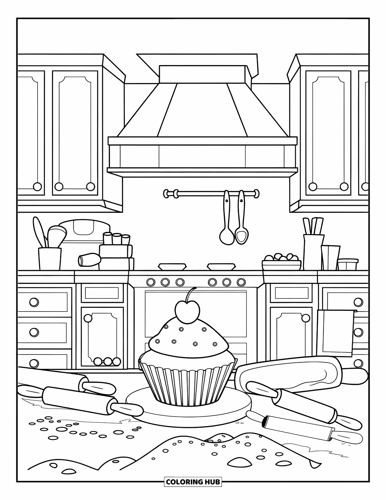 Cupcake Ausmalbild für Kinder: Eine gemütliche Küche mit einem Cupcake, Nudelhölzern und Mehl auf der Theke