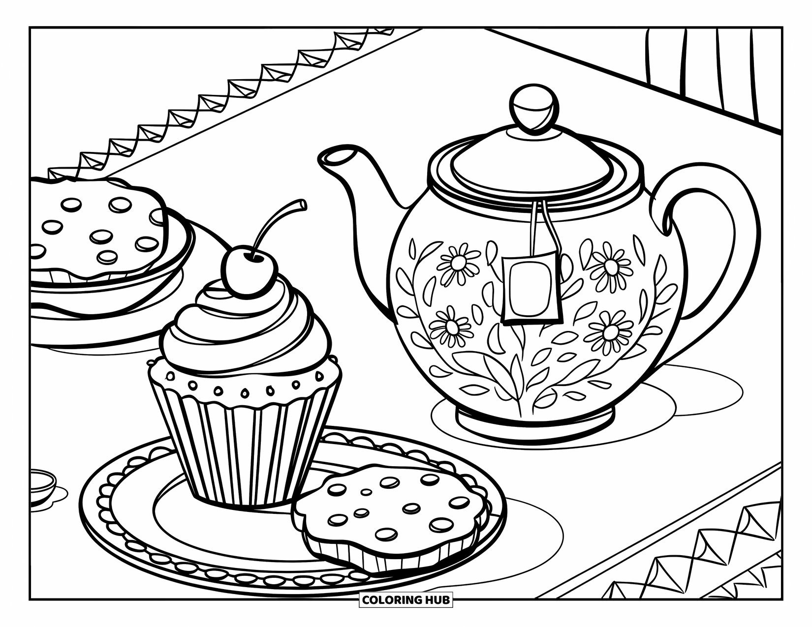 Cupcake Ausmalbild für Kinder: Ein Cupcake und ein Keks teilen sich eine Teeparty mit einer floralen Teekanne