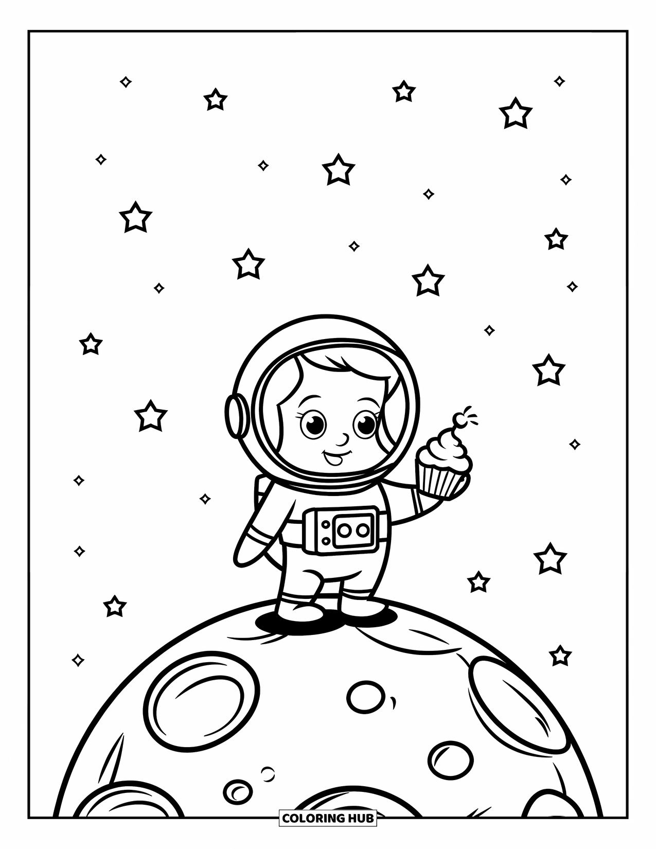 Cupcake Ausmalbild für Kinder: Ein Cupcake-Astronaut auf dem Mond mit großen Kratern und Sternen