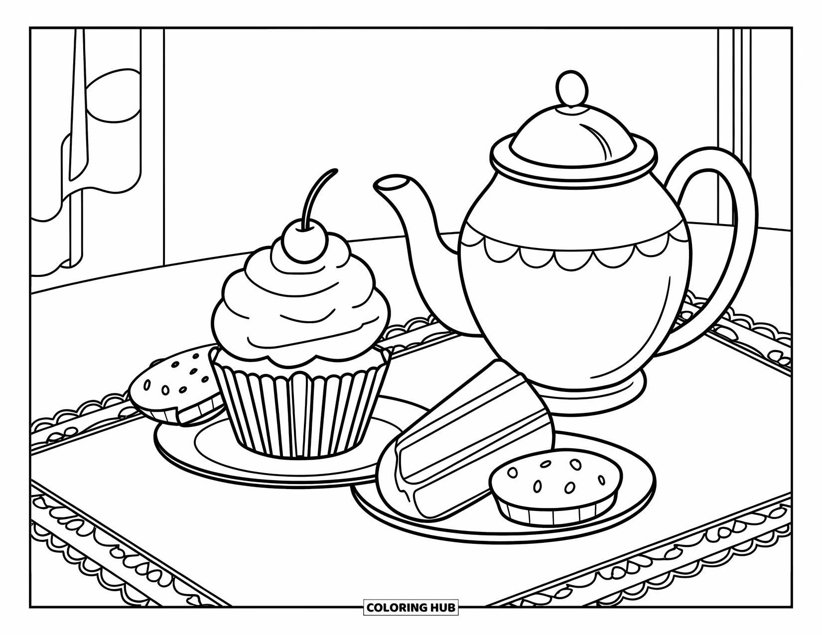 Cupcake Ausmalbild für Kinder: Ein Cupcake auf einer Teeparty mit einem Keks und einer Teekanne