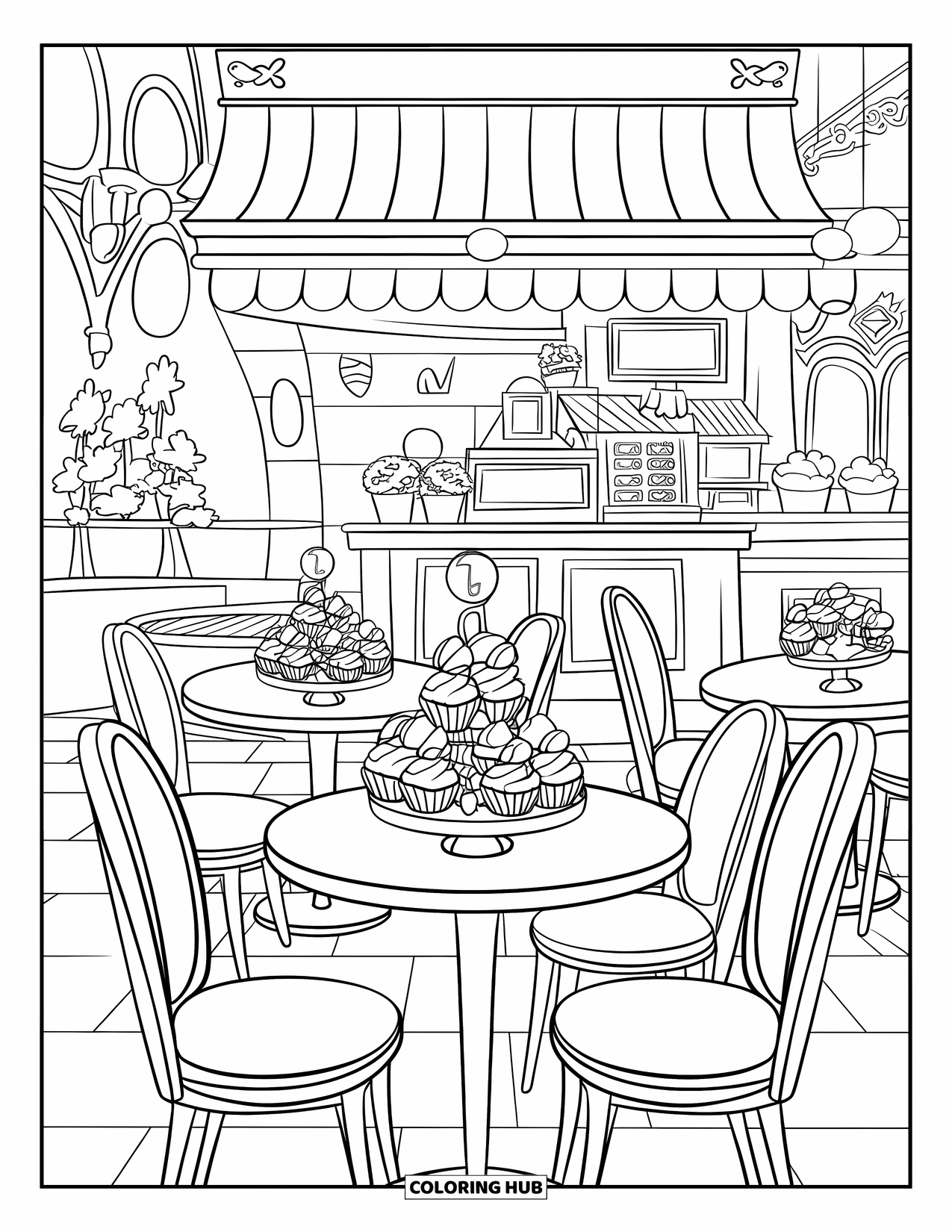 Cupcake Ausmalbild für Kinder: Ein Cupcake-Café mit einer Theke, Topfpflanzen und Cupcakes auf Ständern