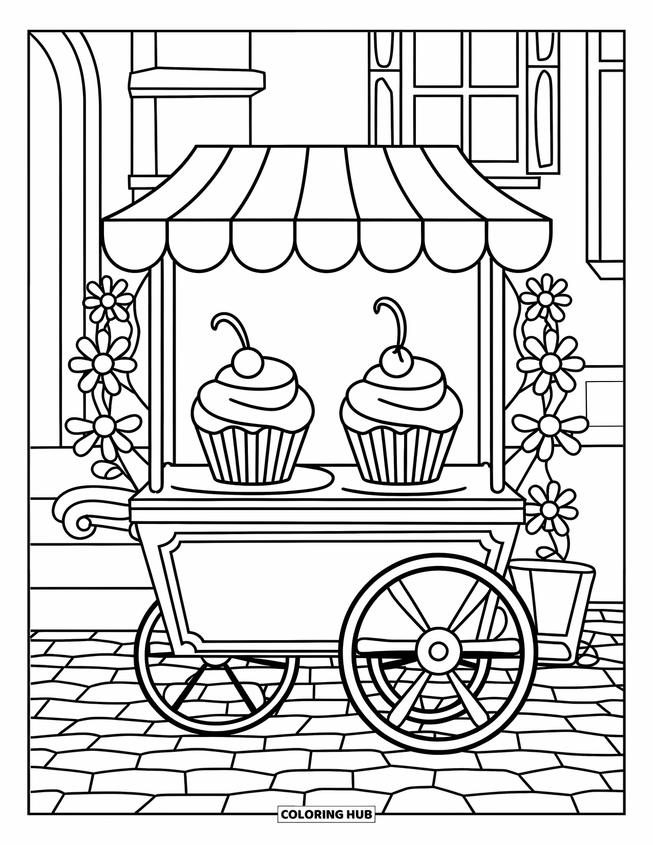 Cupcake Ausmalbild für Kinder: Ein Cupcake-Wagen auf einem Kopfsteinpflasterweg mit Blumen drumherum