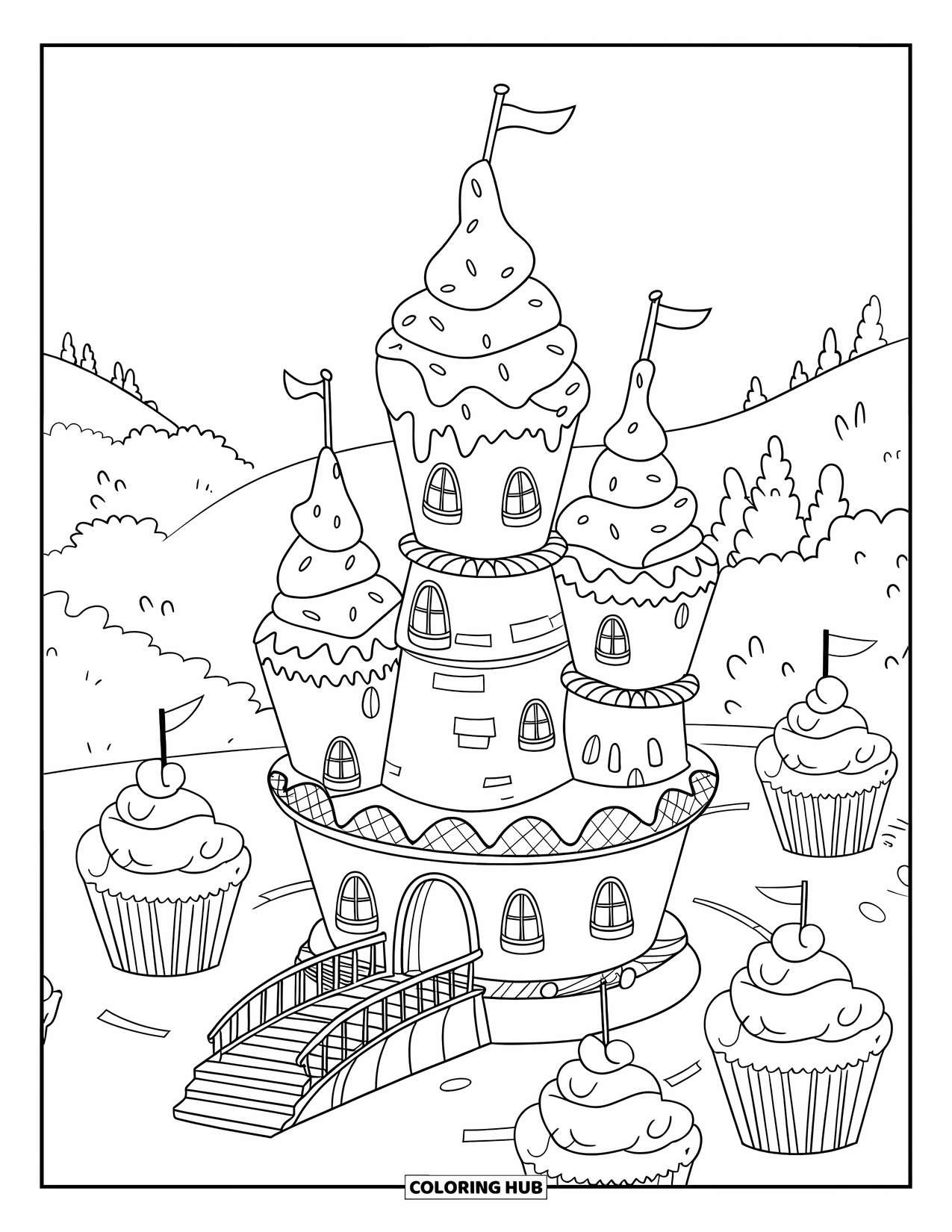 Cupcake Ausmalbild für Kinder: Ein Cupcake-Schloss mit Frosting-Türmen und einer Zugbrücke, umgeben von Cupcakes