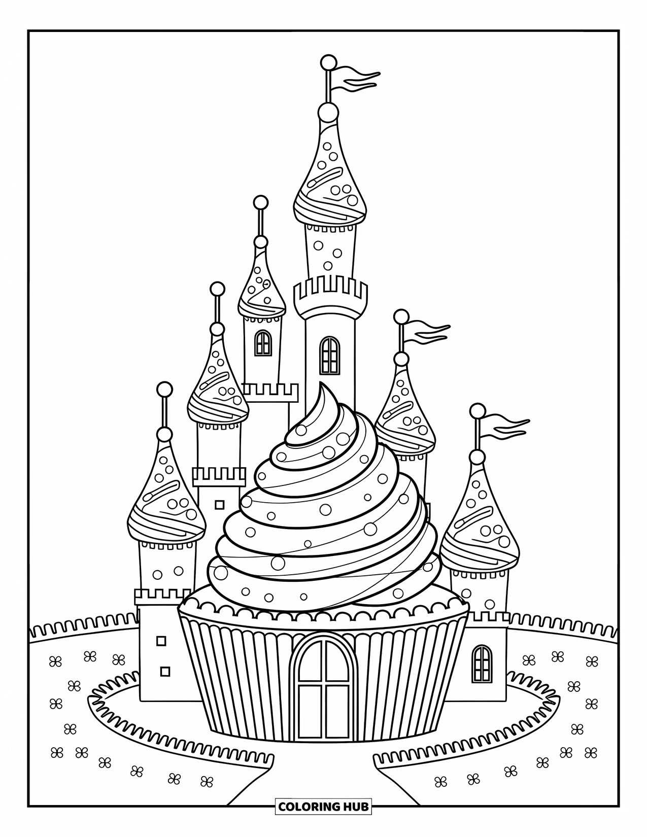 Cupcake Ausmalbild für Kinder: Ein Cupcake-Schloss mit Frosting-Türmchen und Süßigkeiten-Dekorationen