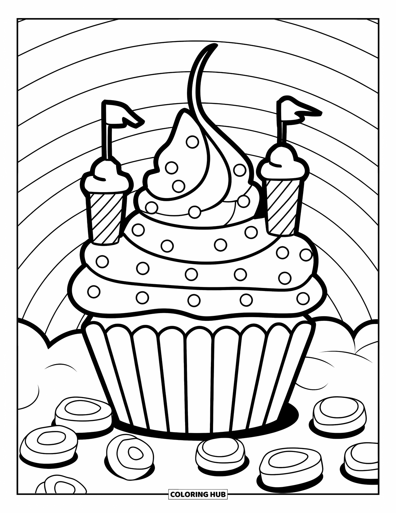 Cupcake Ausmalbild für Kinder: Ein Cupcake-Schloss mit Frosting-Türmchen und Gummibärchen steht hoch