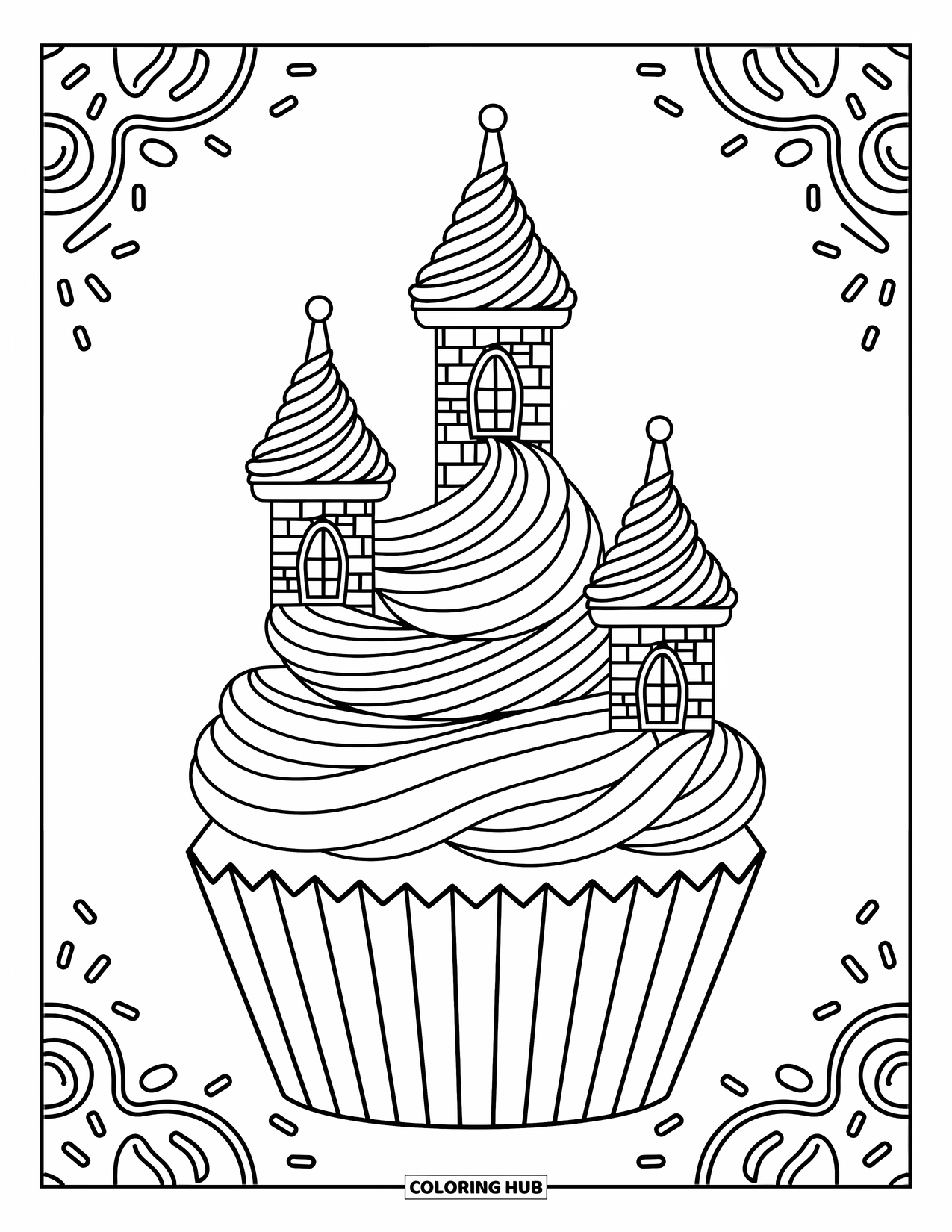 Cupcake Ausmalbild für Kinder: Ein Cupcake-Schloss mit Frosting-Türmchen und verspielten Süßigkeiten-Details