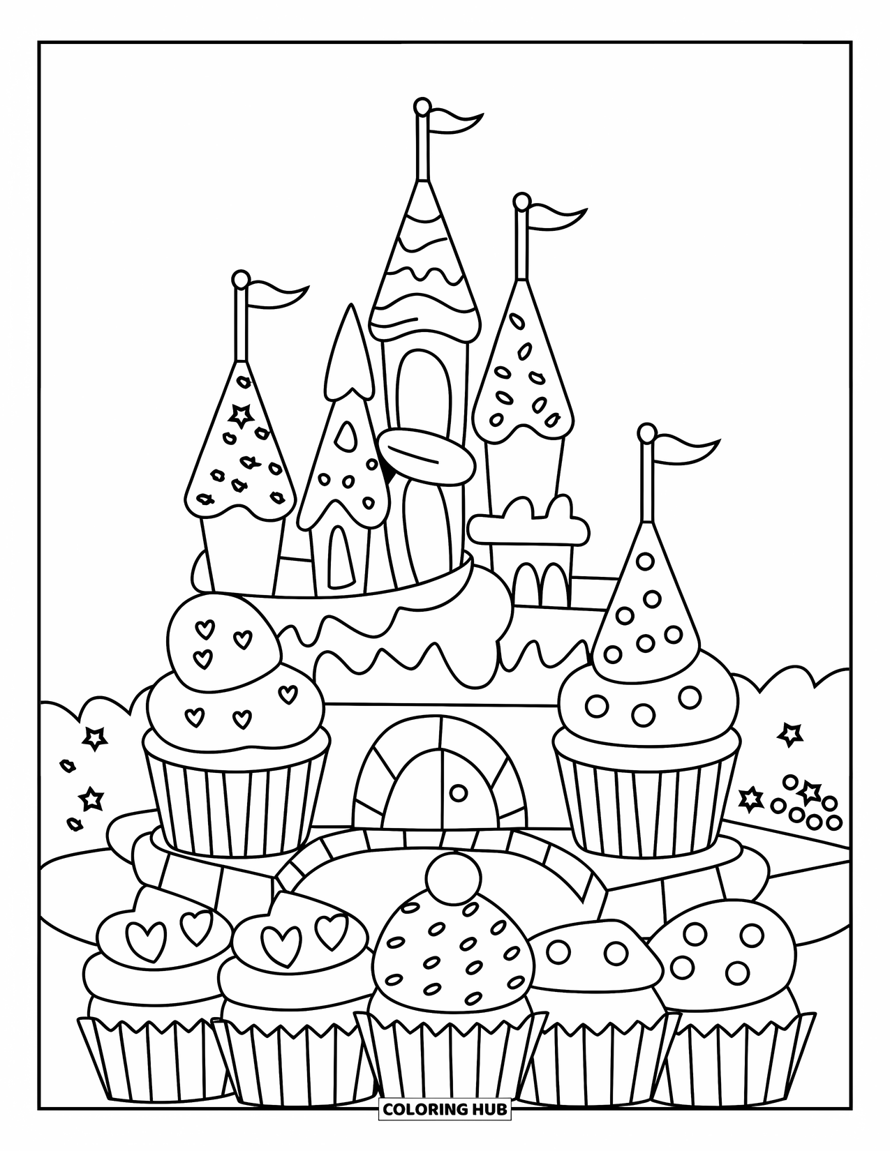 Cupcake Ausmalbild für Kinder: Ein Cupcake-Schloss mit Frosting-Türmchen, umgeben von Cupcakes