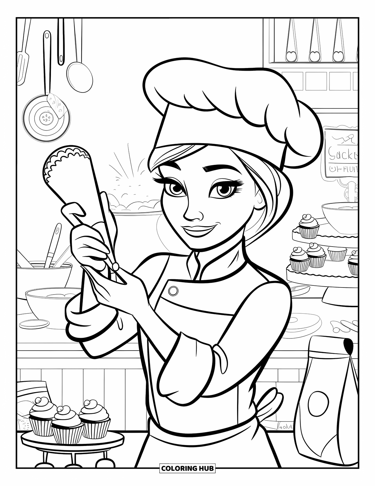 Cupcake Ausmalbild für Kinder: Ein Cupcake-Koch dekoriert Cupcakes, umgeben von Backwerkzeugen und Zutaten