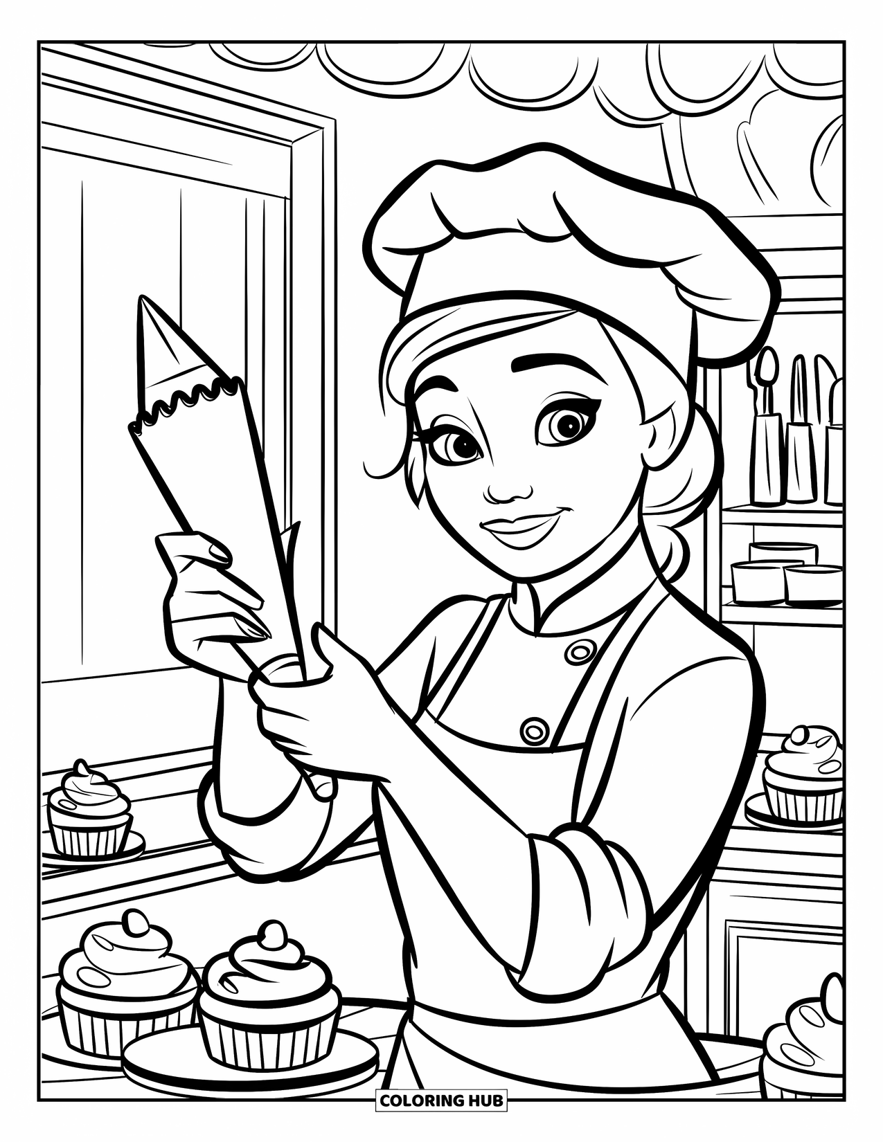 Cupcake Ausmalbild für Kinder: Ein Cupcake-Koch mit einem weißen Hut dekoriert Cupcakes in der Nähe eines Fensters