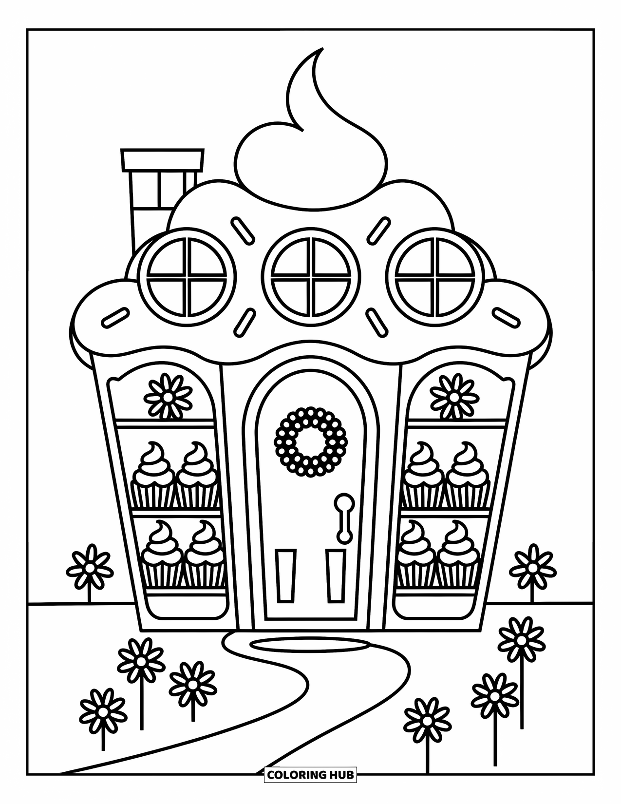 Cupcake Ausmalbild für Kinder: Ein Cupcake-Haus mit einer Tür, Fenstern und Frosting-Wirbeln