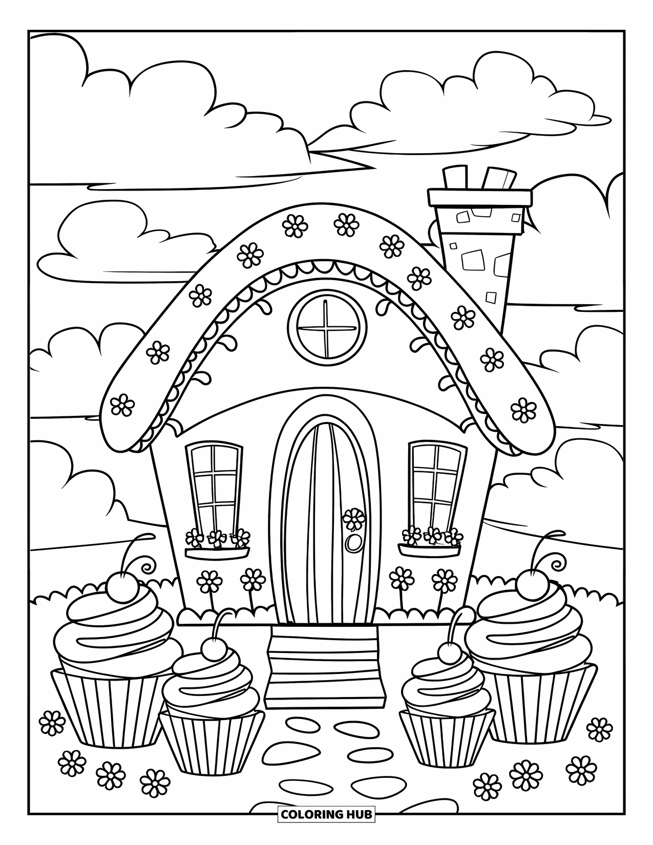 Cupcake Ausmalbild für Kinder: Ein Cupcake-Haus mit Blumen und Streuseln sitzt zwischen flauschigen Wolken