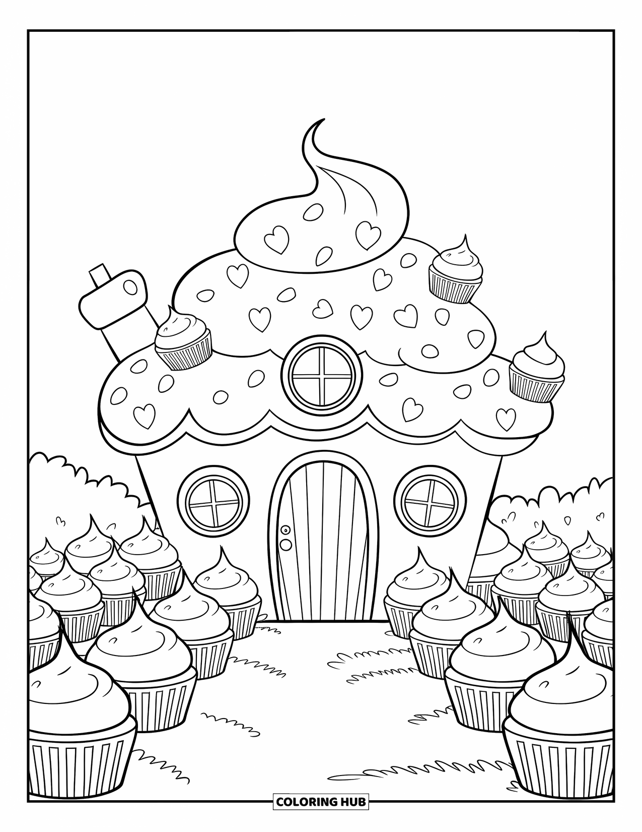 Cupcake Ausmalbild für Kinder: Ein Cupcake-Haus mit Frosting-Dach steht in einem Feld von Cupcakes