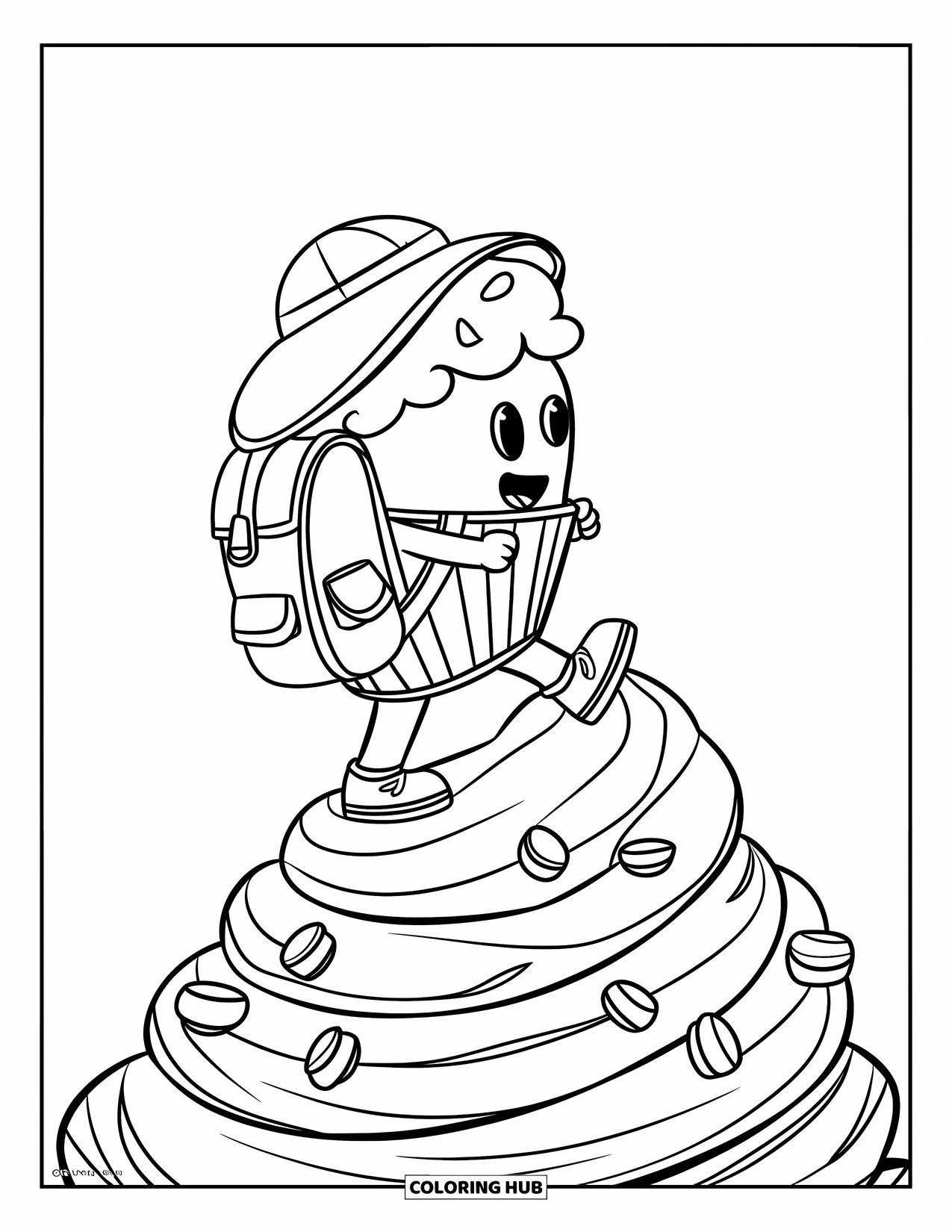 Cupcake Ausmalbild für Kinder: Ein Cupcake in Wanderkleidung erklimmt einen gestuften Frosting-Berg