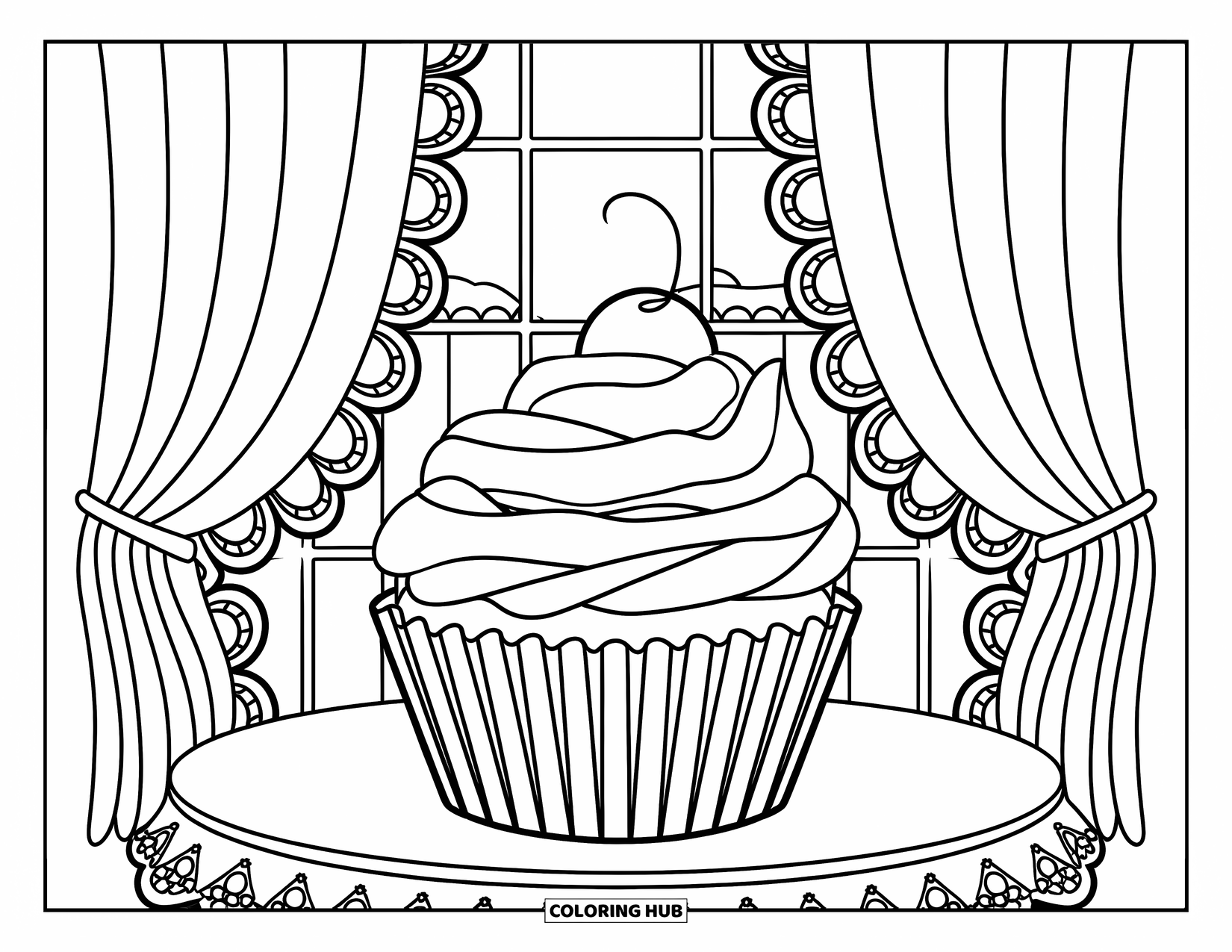 Cupcake Ausmalbild für Kinder: Ein Cupcake in einer viktorianischen Bäckerei mit Spitzengardinen