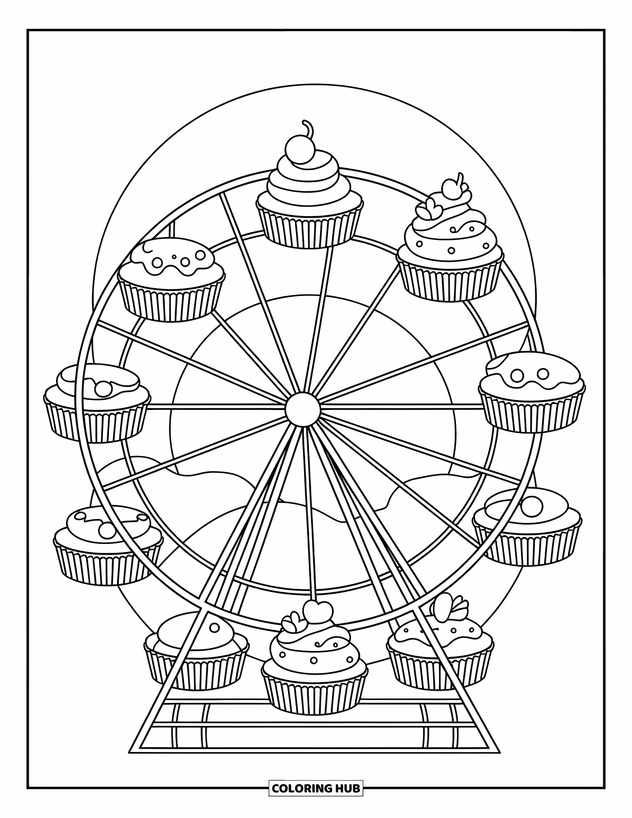 Cupcake Ausmalbild für Kinder: Ein Cupcake auf einem Riesenrad mit bezaubernden Desserts