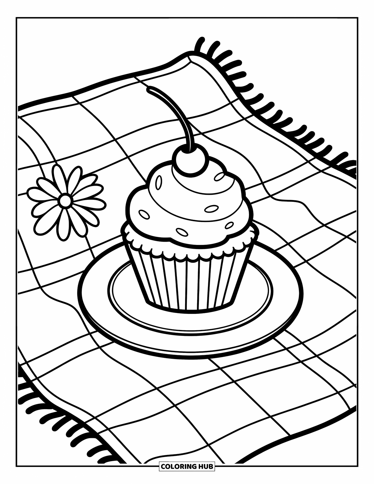 Cupcake Ausmalbild für Kinder: Ein Cupcake auf einem Teller neben einer Picknickdecke und einer Blume