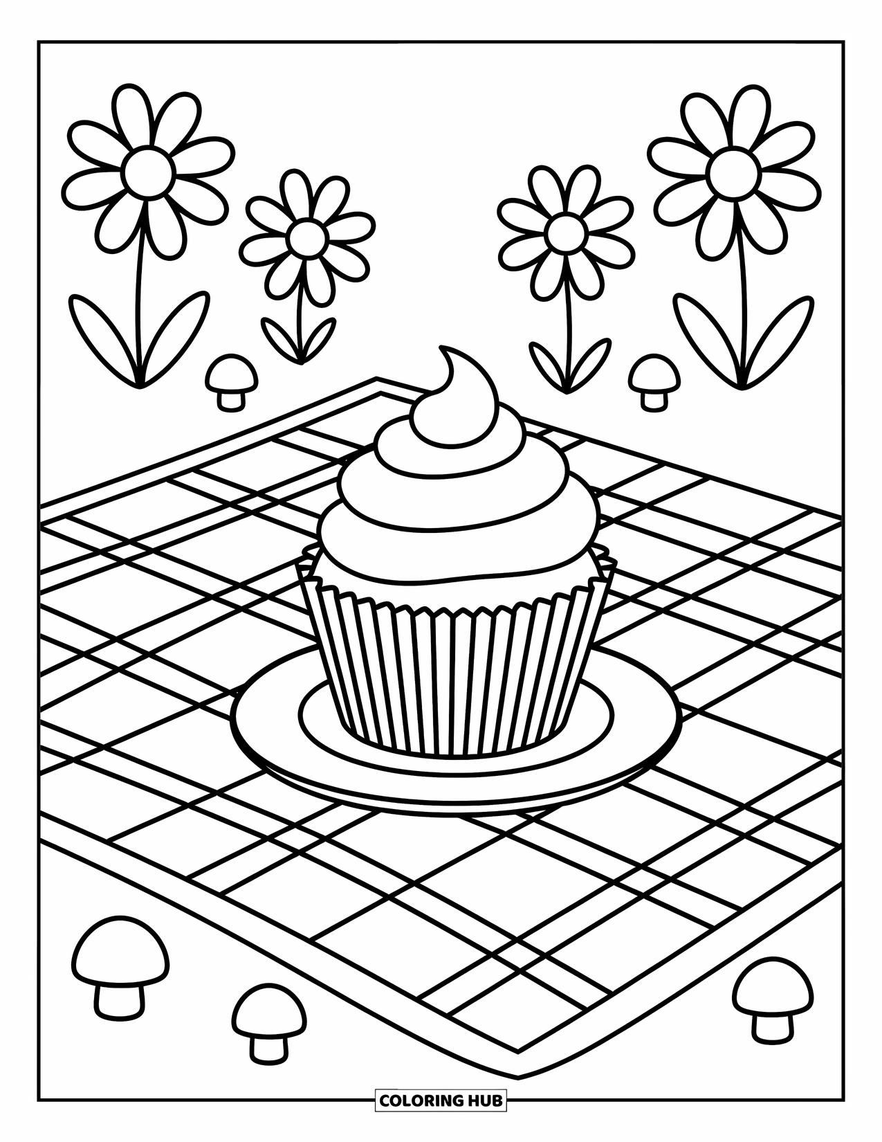 Cupcake Ausmalbild für Kinder: Ein Cupcake auf einem Teller neben einer Picknickdecke und einer Blume