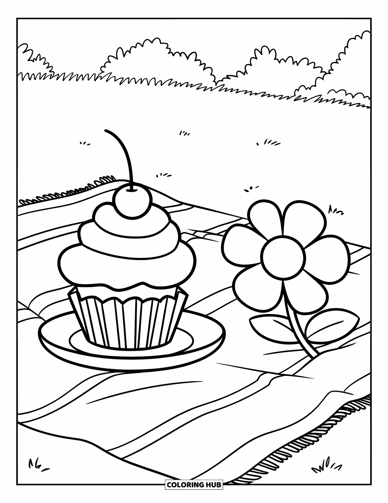 Cupcake Ausmalbild für Kinder: Ein Cupcake auf einem Teller neben einer Picknickdecke und einer Blume