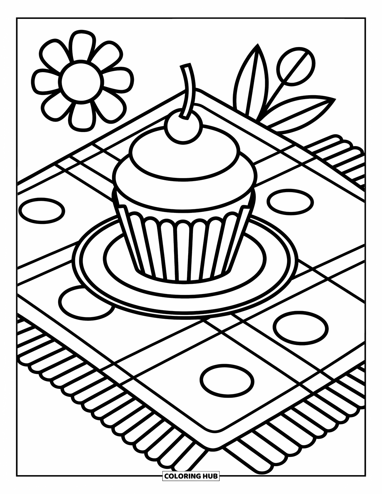 Cupcake Ausmalbild für Kinder: Ein Cupcake auf einem Teller an einer Picknickdecke mit einer Blume in der Nähe