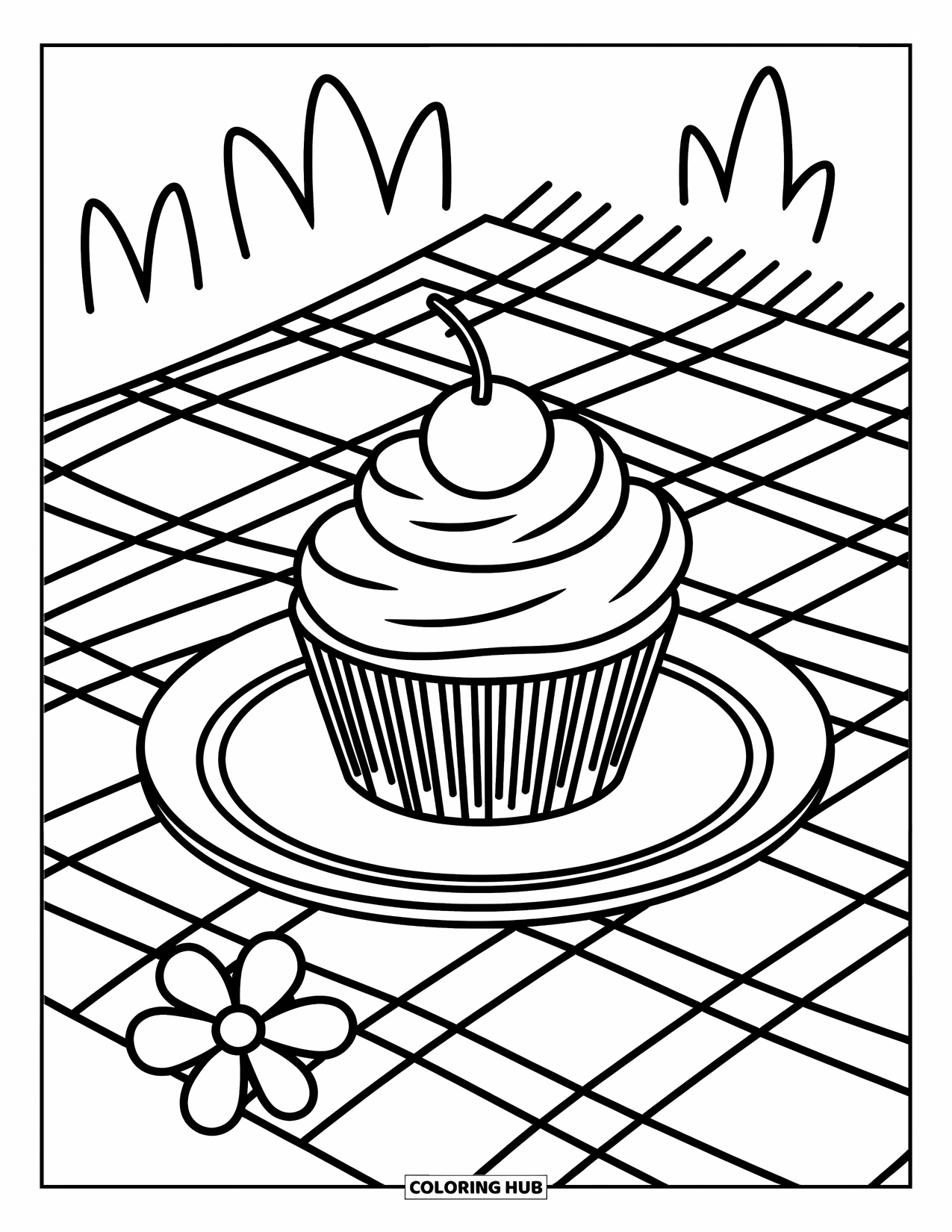 Cupcake Ausmalbild für Kinder: Ein Cupcake auf einem Teller mit einer Blume neben einer Picknickdecke