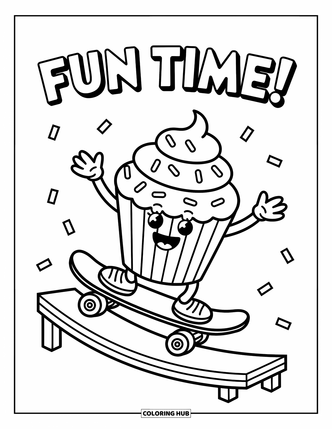 Cupcake Ausmalbild für Kinder: Ein Cupcake auf einem Skateboard, der eine Holzrampe hinunterrollt